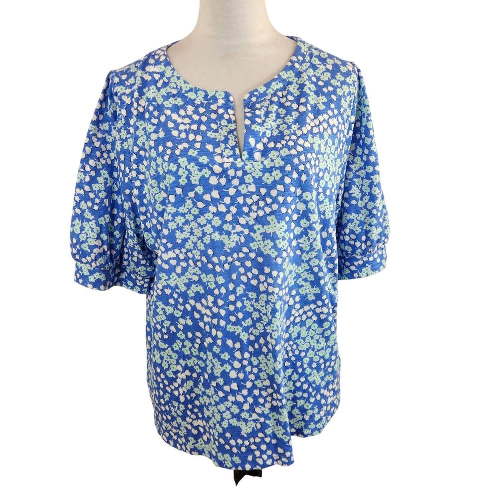 Talbots Plus 1X Blue Floral Cotton Modal Split Neck Top Cottagecore TShirt NWT